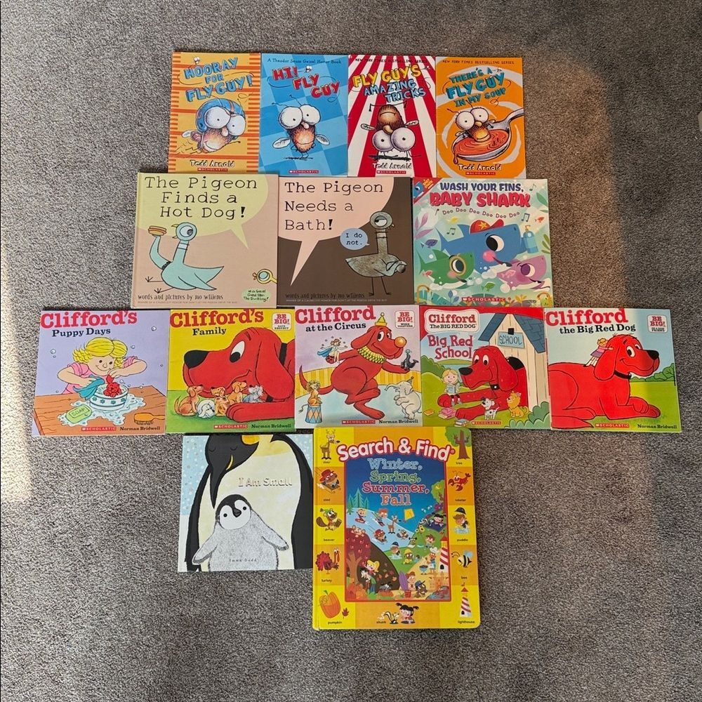 14 children’s books, Fly guy, Clifford, baby Shark, Pigeon, search & find